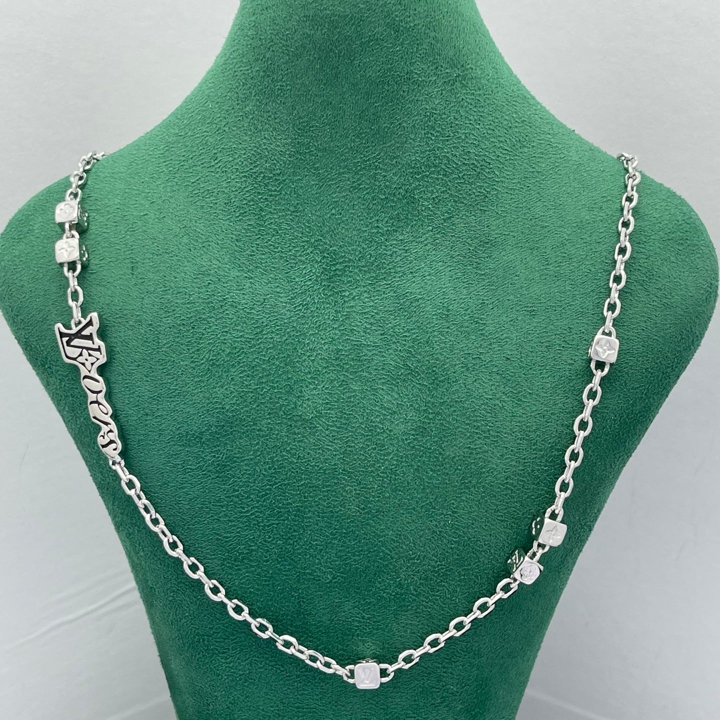 Chunky Link Chain Necklace with Square Bead & Script Charm