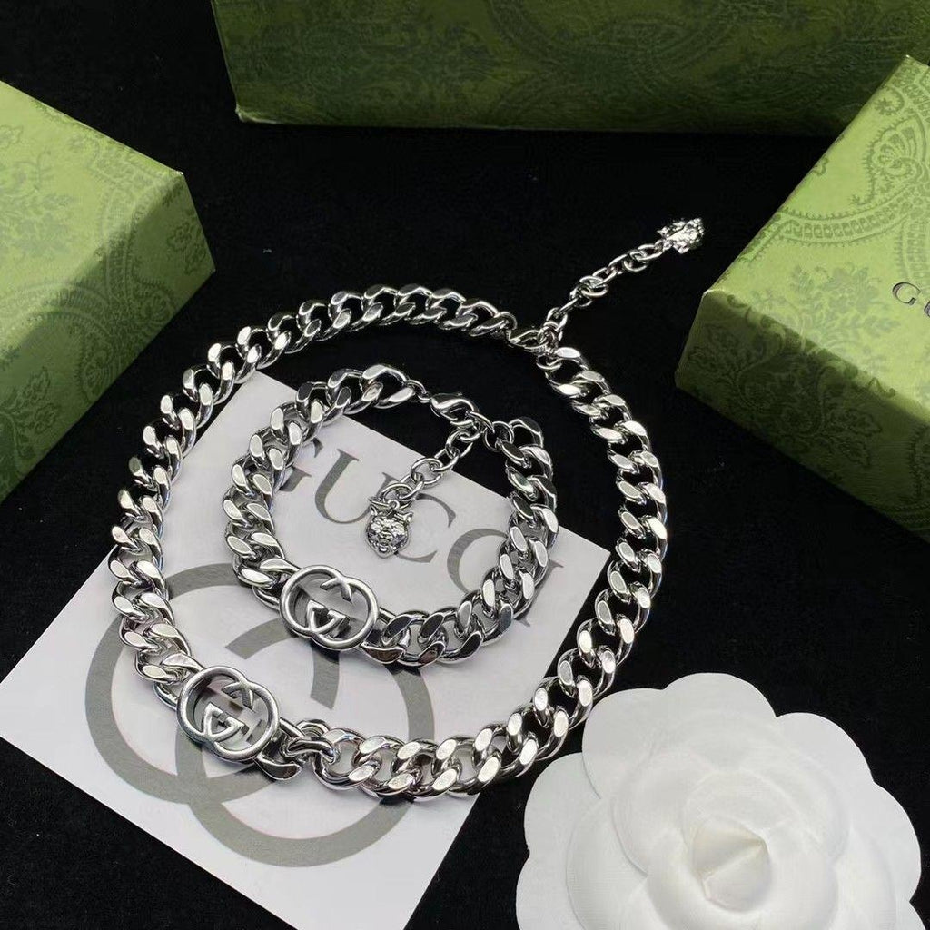 Cuban Link Double Ring Lion Head Jewelry Set