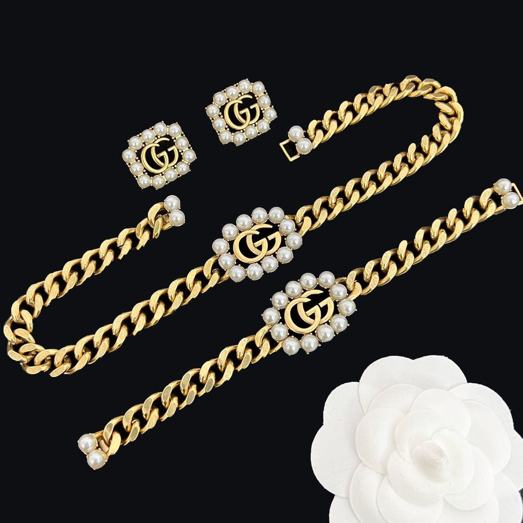 Gold Cuban Link Pearl Square Logo Jewelry Set