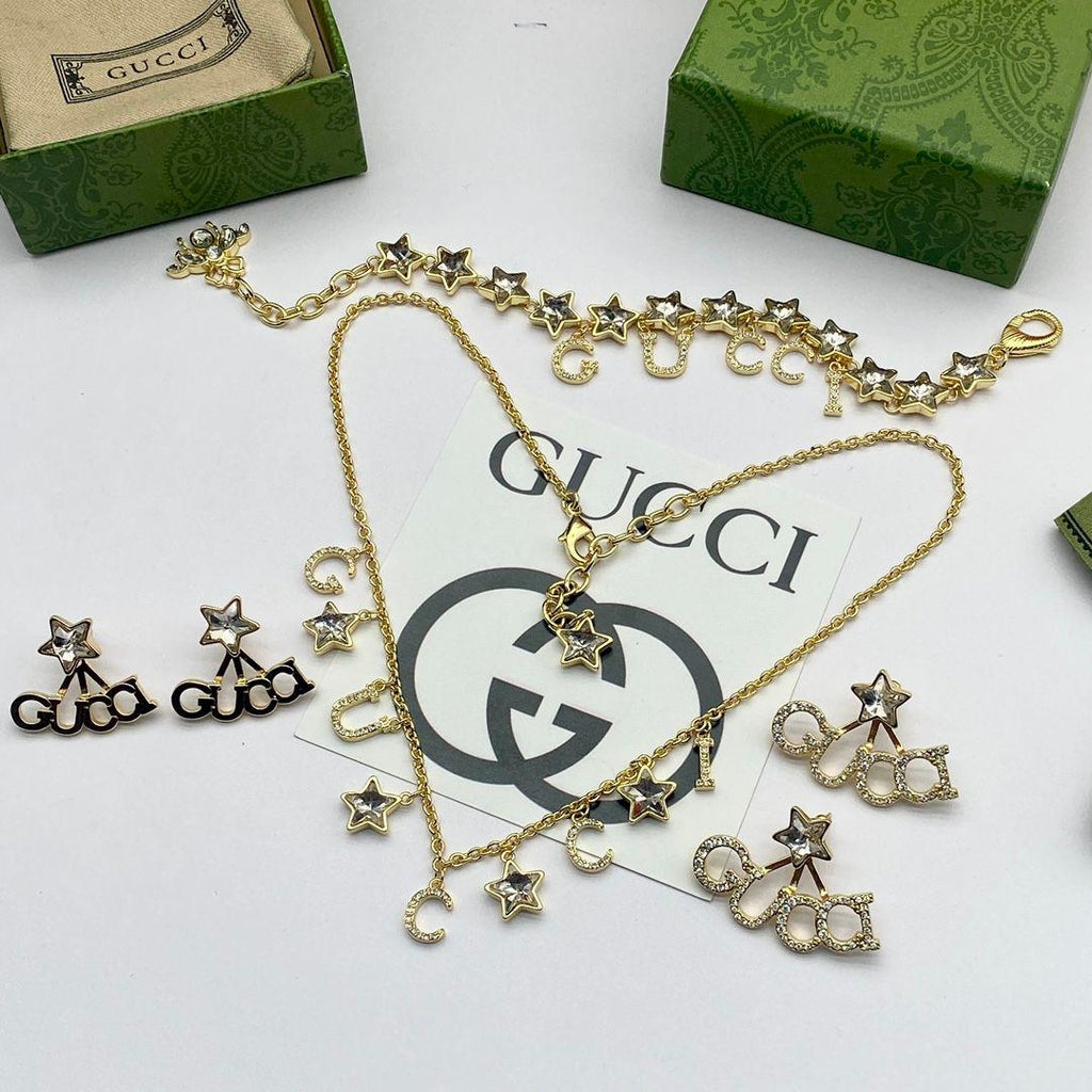 Gold Crystal Star & Letter Charm Jewelry Set
