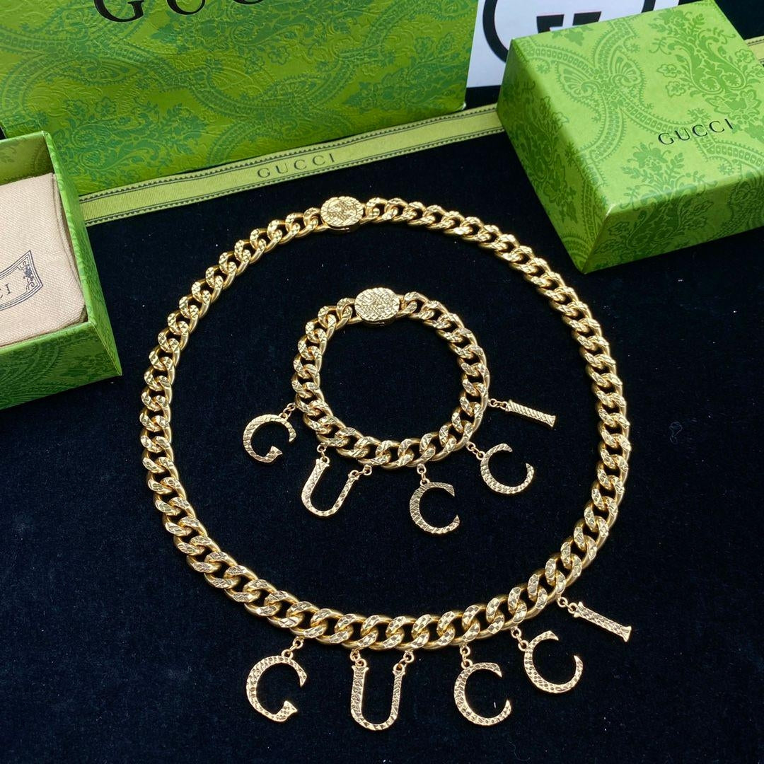 Cuban Link Letter Charm Necklace & Bracelet Set