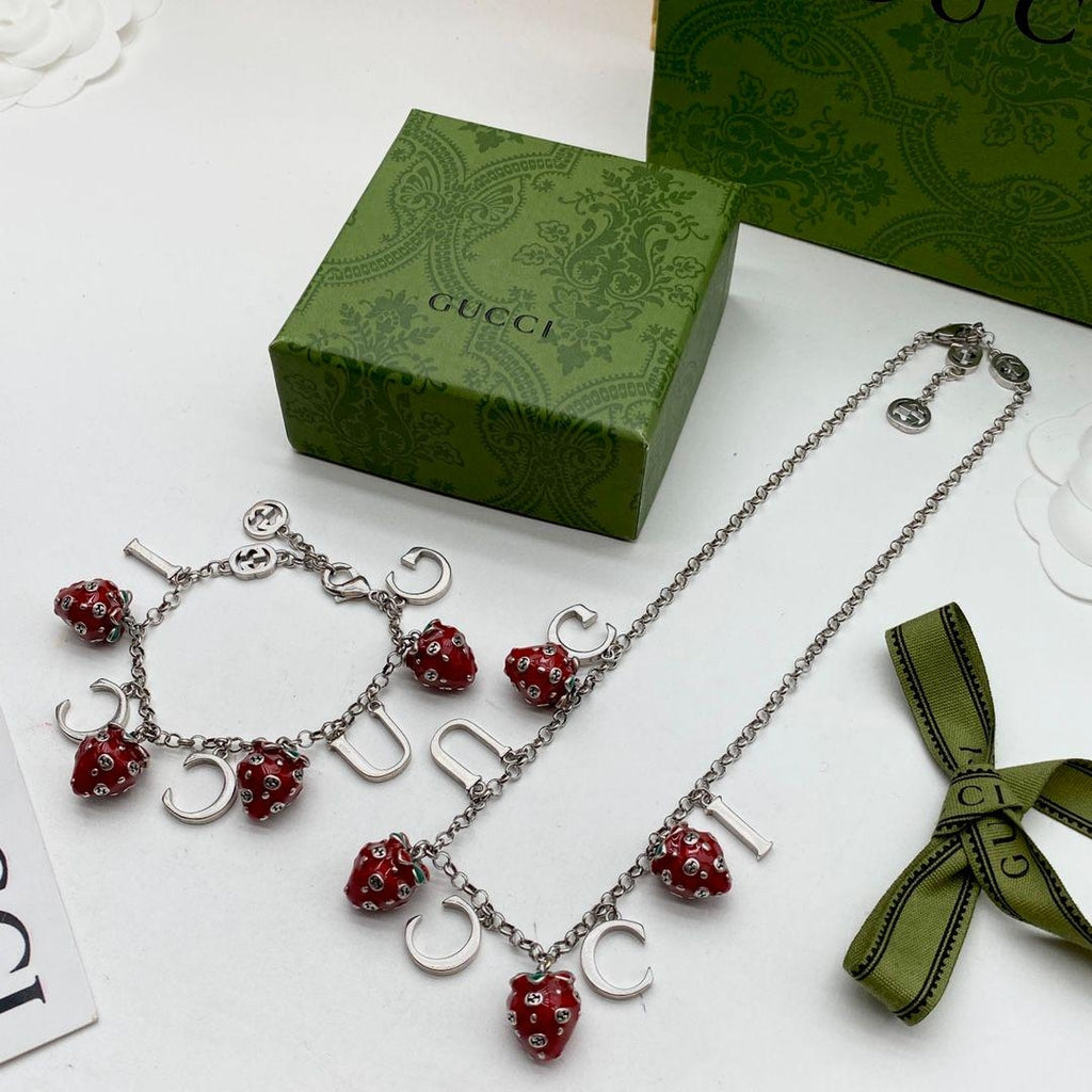 Burgundy Strawberry Jewelry Set with Silver Chain