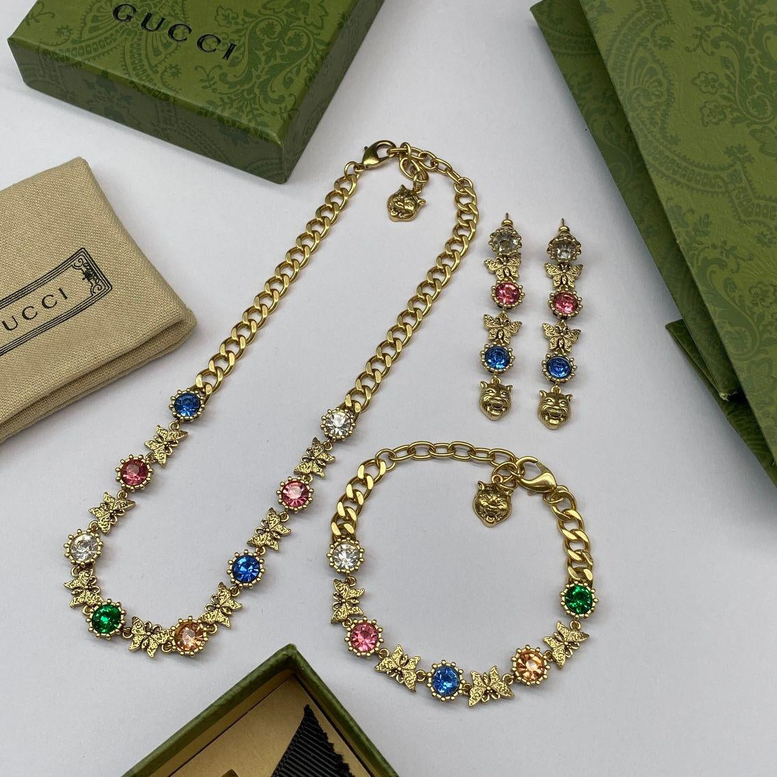 Vintage Gold Rainbow Gemstone Butterfly Cuban Chain Jewelry Set