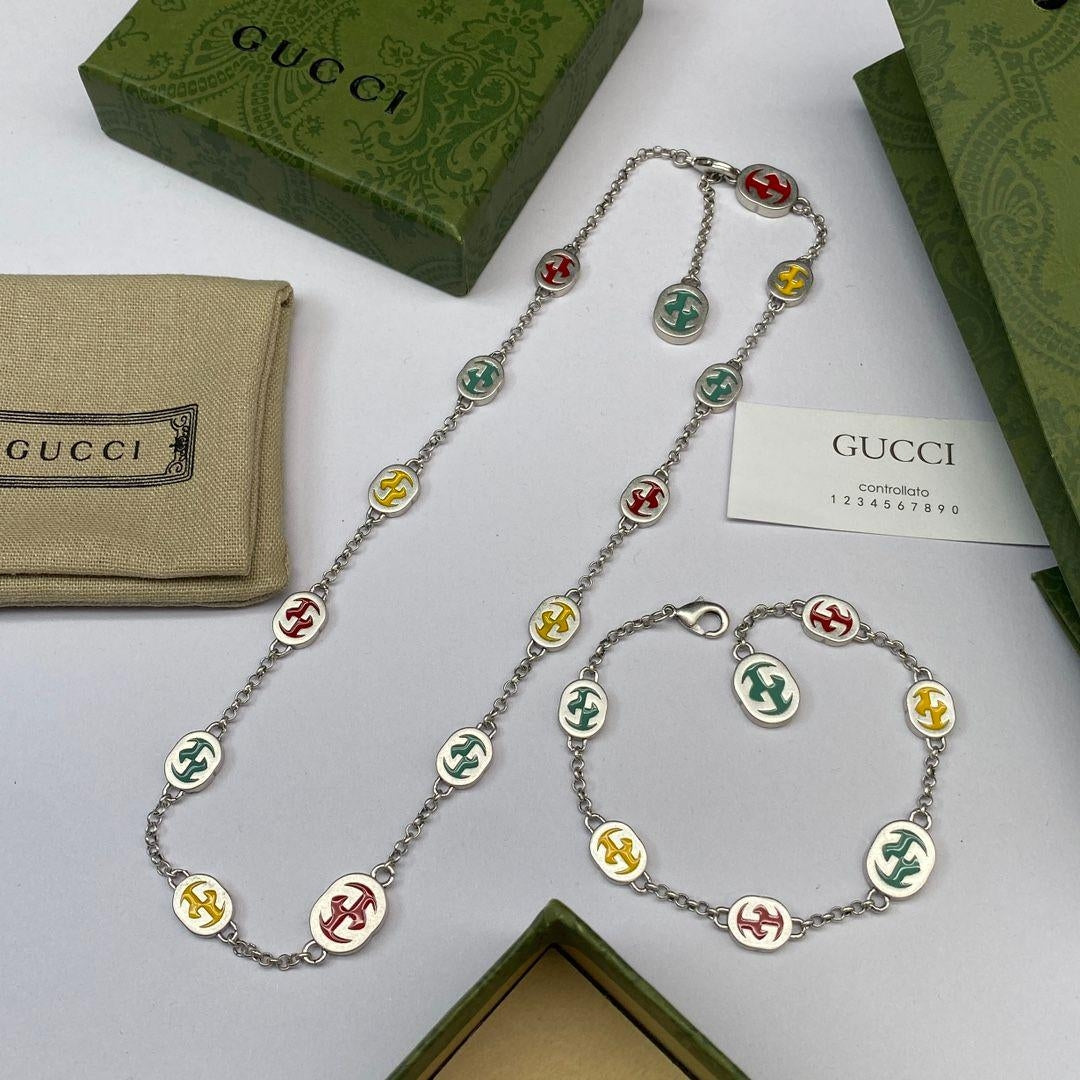 Silver Multicolor Enamel Logo Charm Chain Jewelry Set