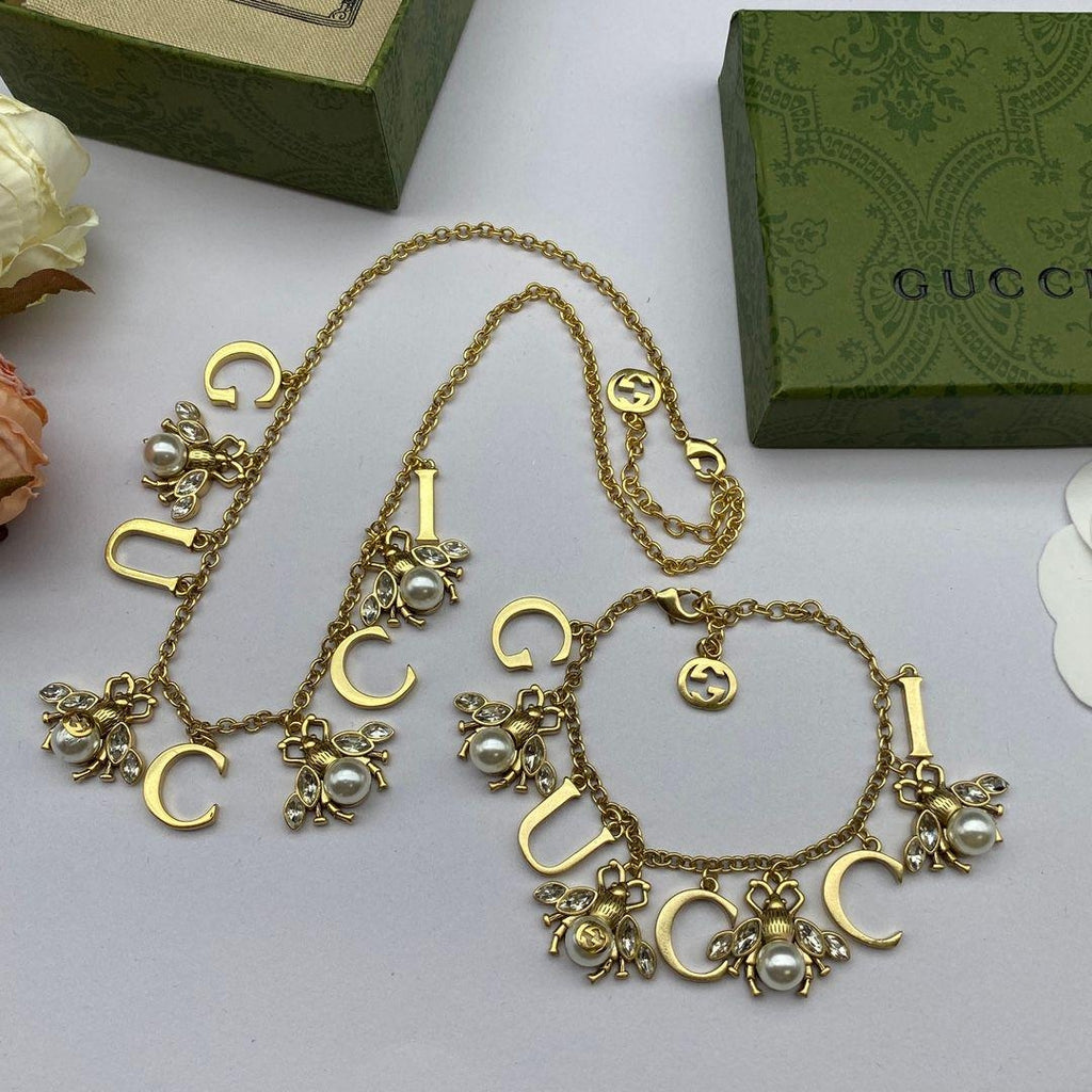Vintage Gold Letter Bee Pearl Drop Necklace & Bracelet Set