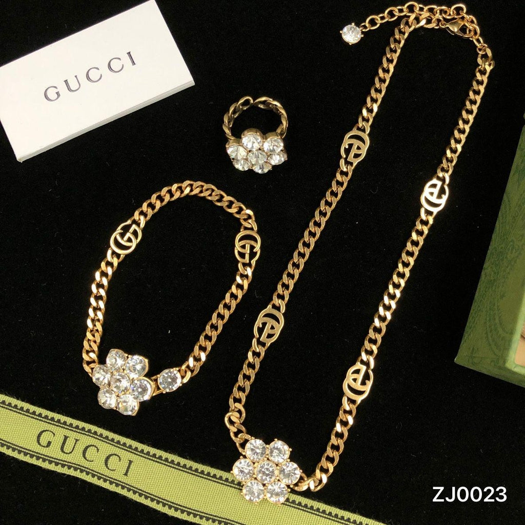 Gold Cuban Link Crystal Flower Logo Jewelry Set