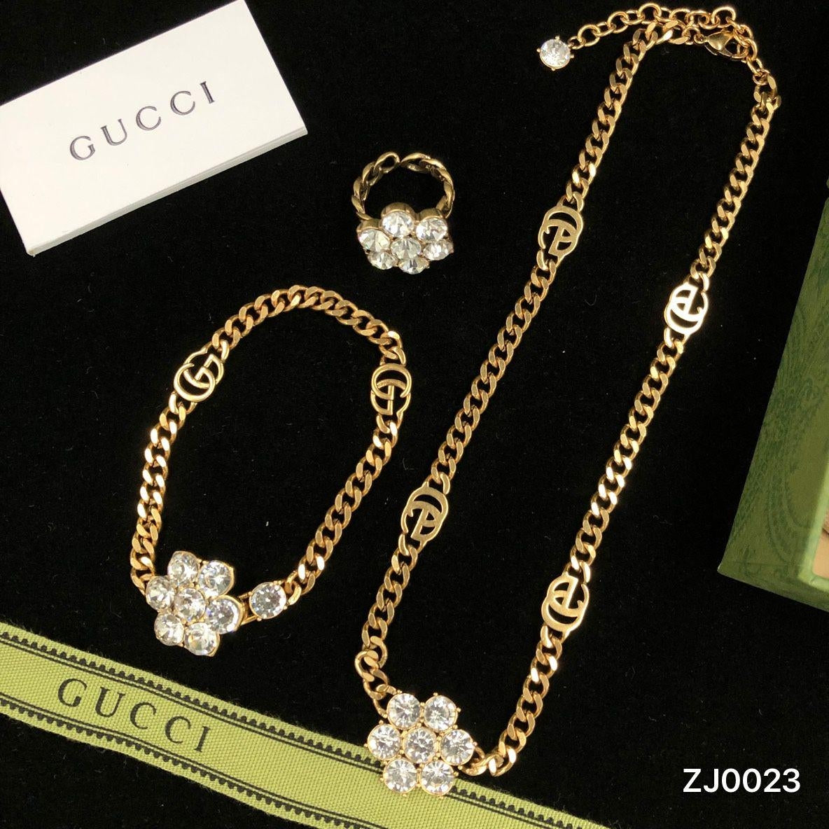 Gold Cuban Link Crystal Flower Logo Jewelry Set