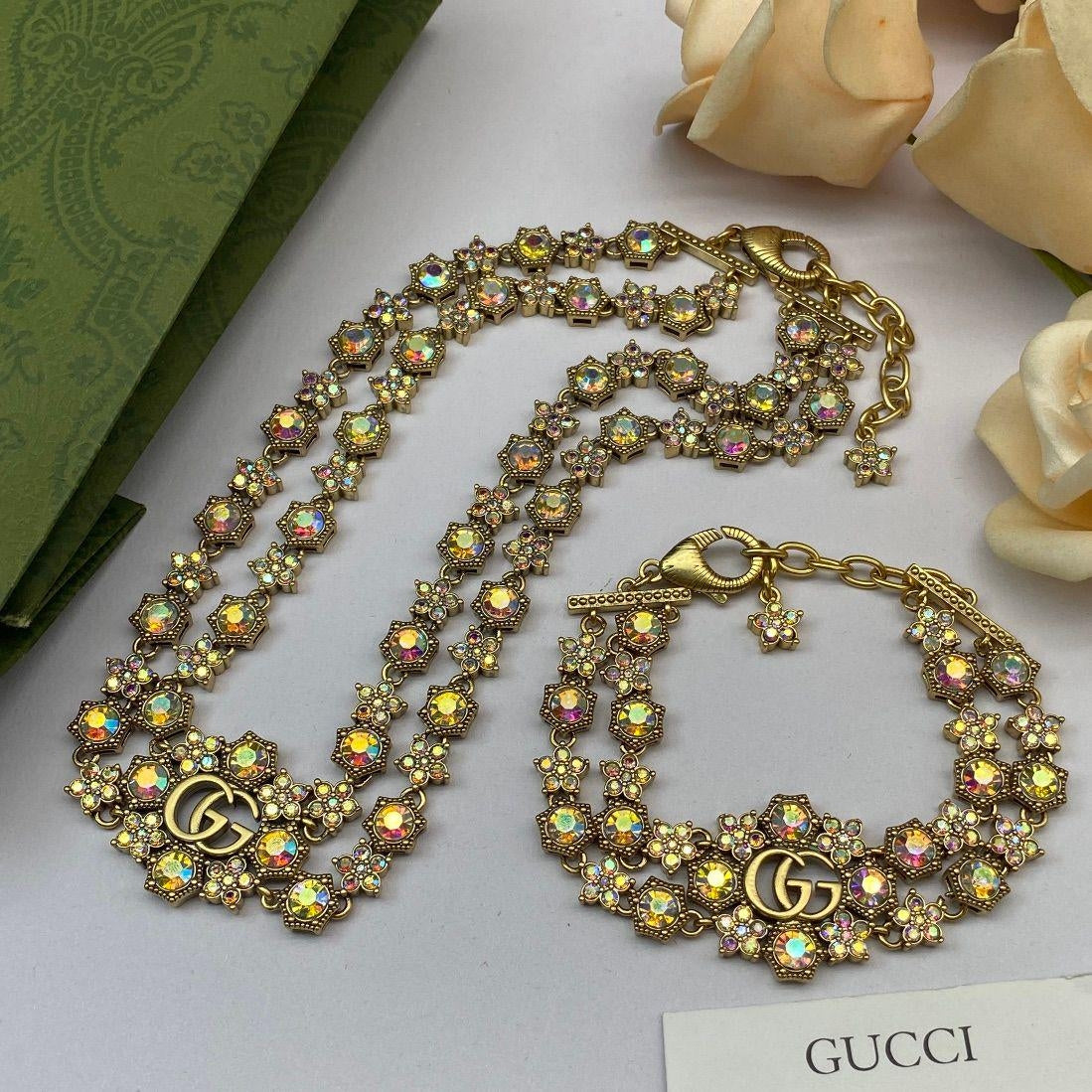 Vintage Aurora Crystal Flower Double Ring Logo Jewelry Set