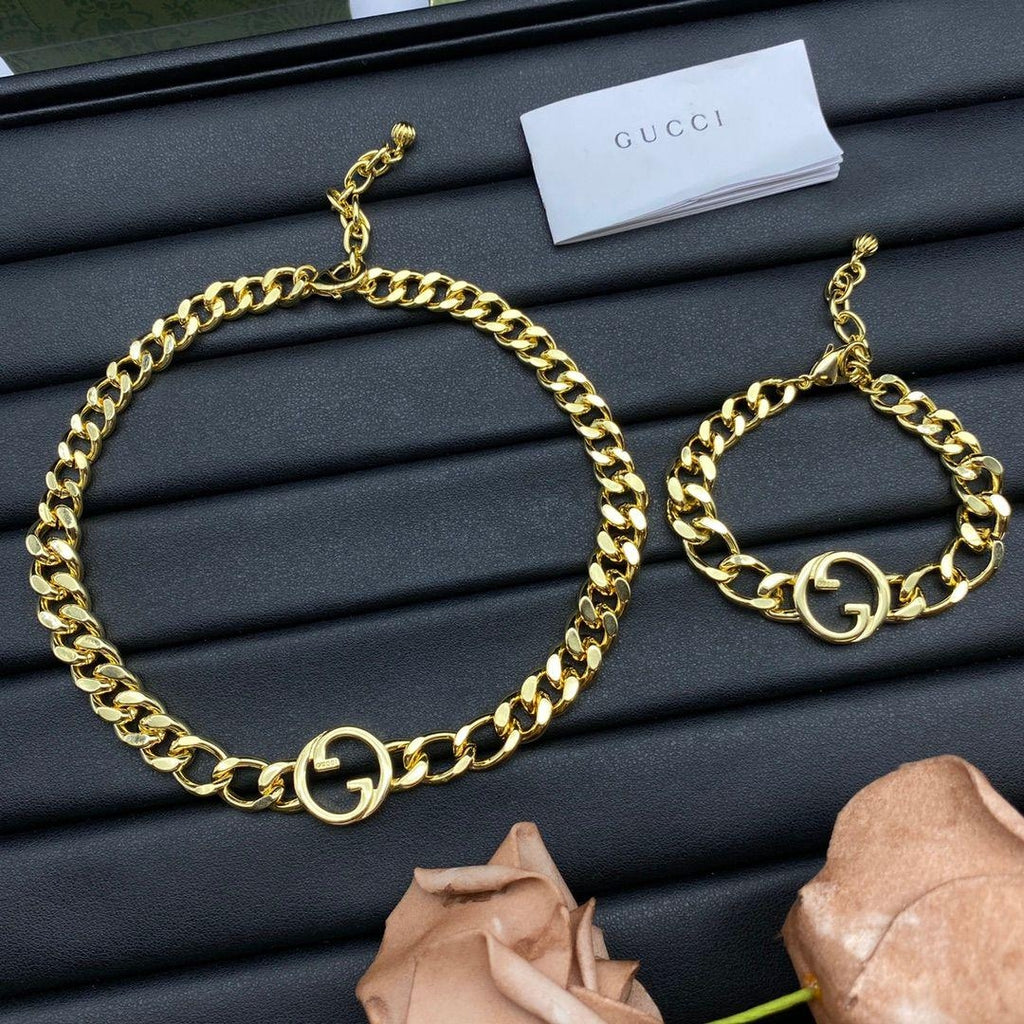Cuban Link Double Ring Logo Jewelry Set