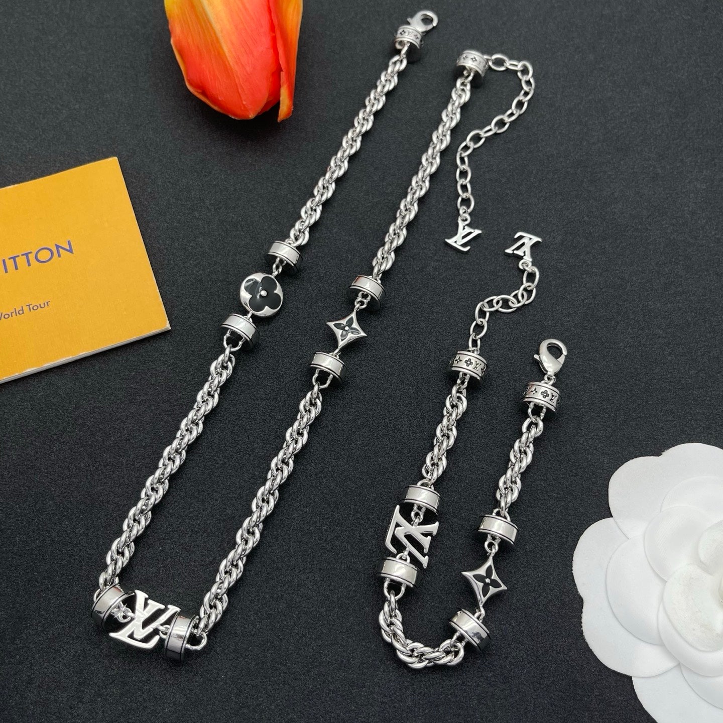 Rope Chain Logo Charm Necklace & Bracelet Set