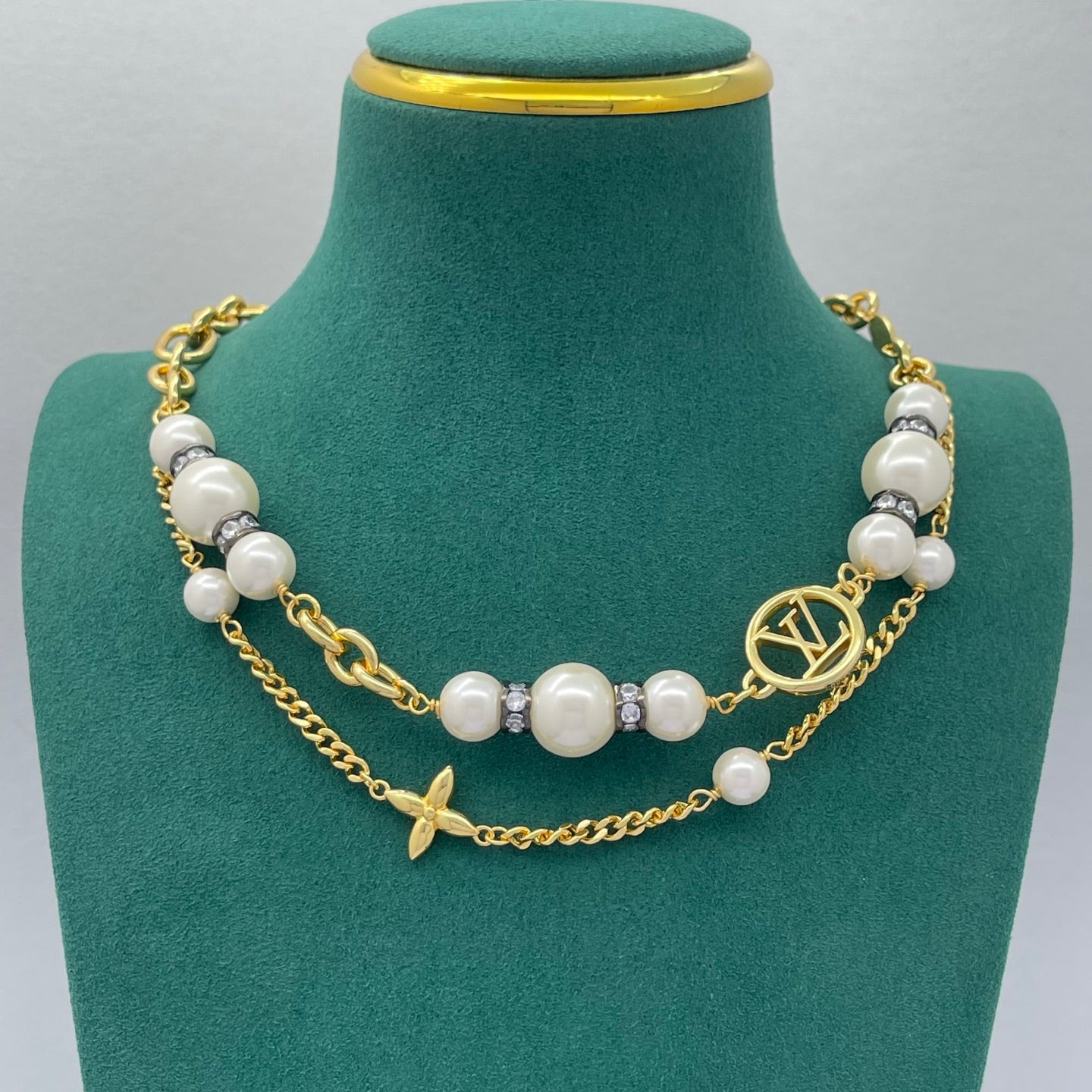 Chunky Pearl & Crystal Spacer Logo Chain Jewelry Set