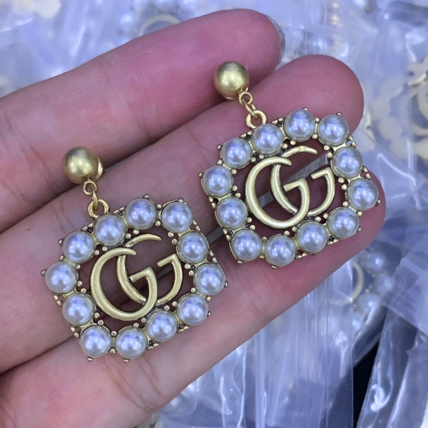 Gold Cuban Link Pearl Square Logo Jewelry Set
