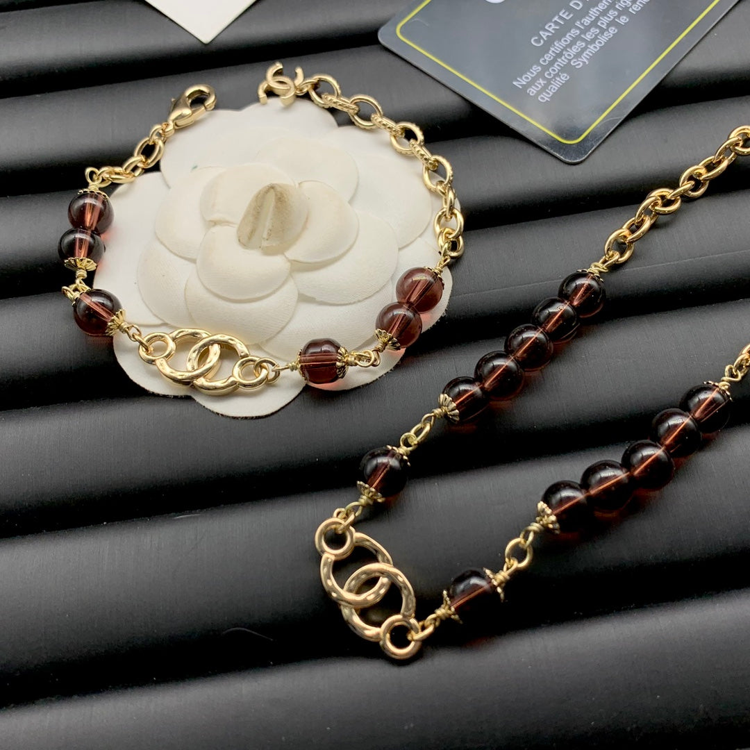 Smoky Brown Glass Bead & Gold Chain Necklace and Bracelet Set