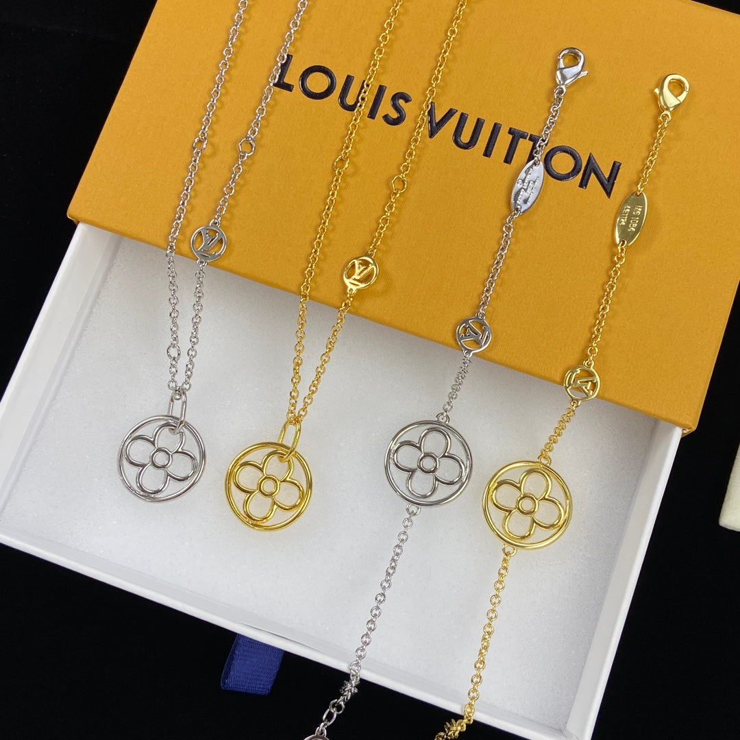 Hollow Round Monogram Flower Pendant Necklace & Bracelet