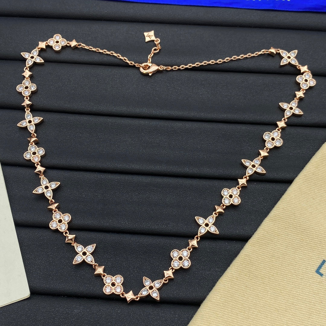 All-Over Pavé Four-Petal Flower & Star Spacer Full Station Long Necklace