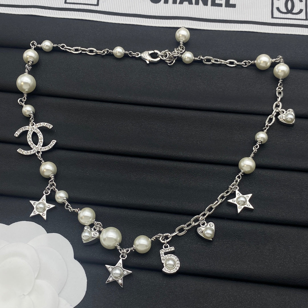 Pearl Multi-Charm CC Star No.5 Heart Station Necklace & Bracelet Set
