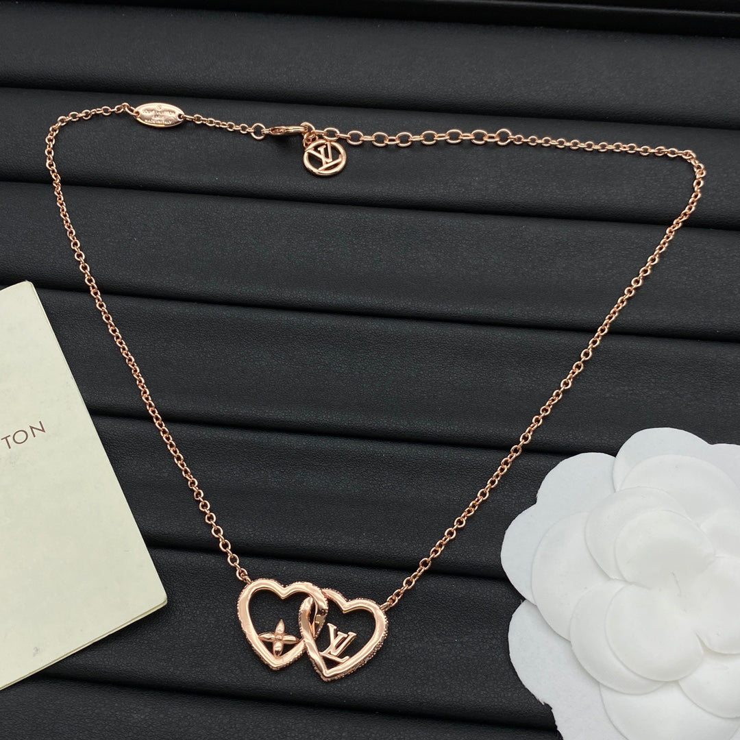 Interlocking Double Open Heart Pendant Cable Chain Necklace