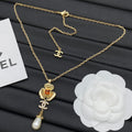 Amber Crystal Flower CC Pavé & Pearl Drop Pendant Necklace – Gold & Silver