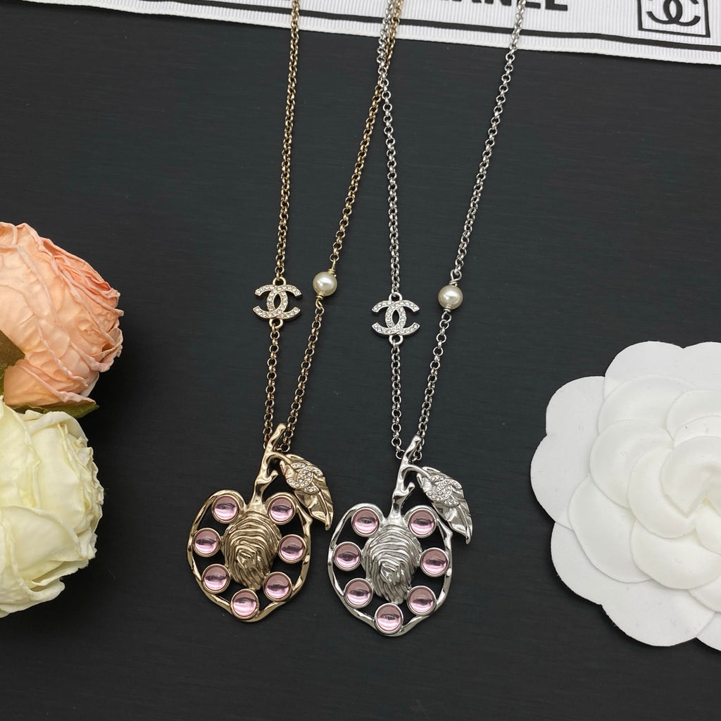 Lion & Leaf Pendant Long Necklace | Pink Crystal Cabochon | Gold & Silver