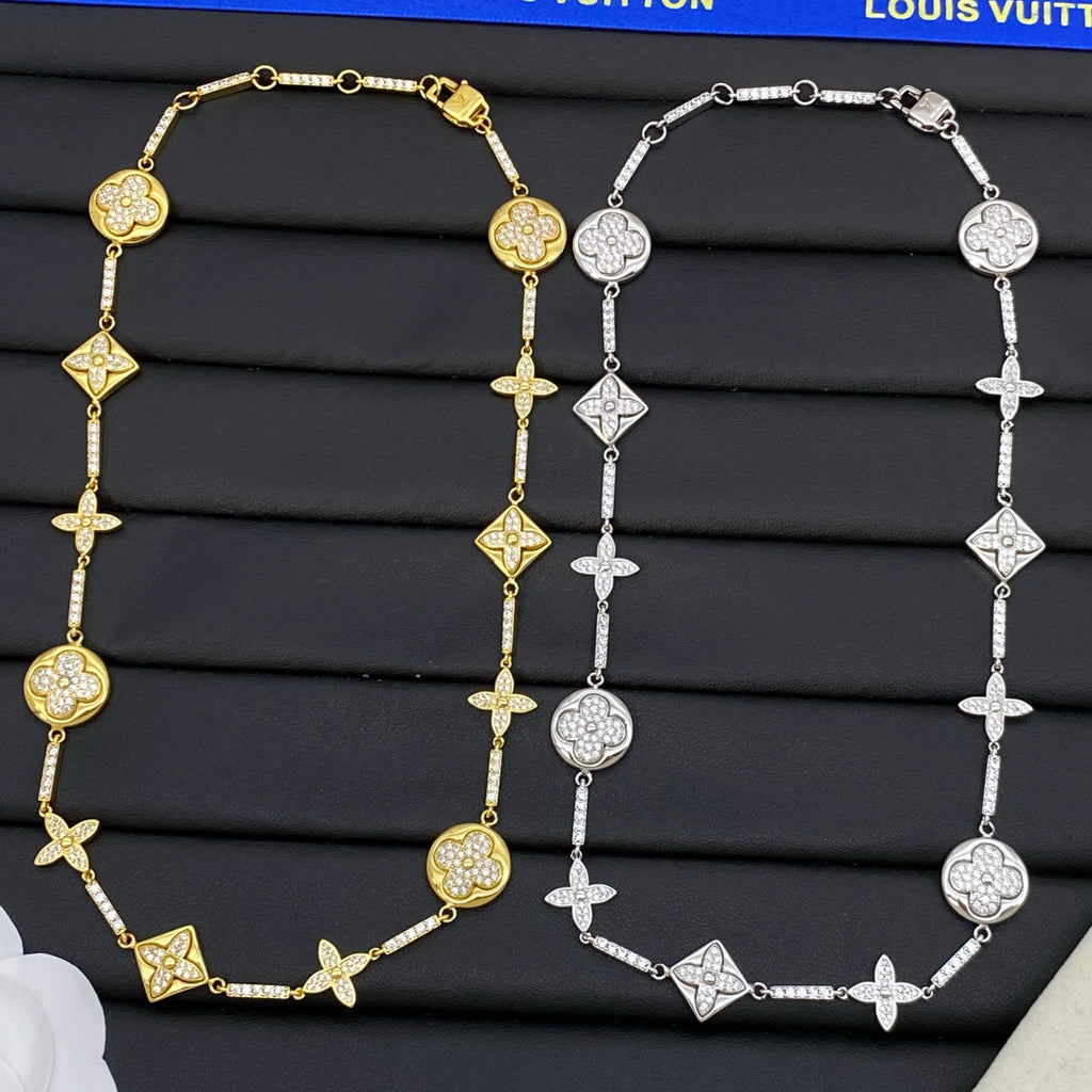 Full Pavé Multi-Shape Flower & Coin Charm Long Station Necklace
