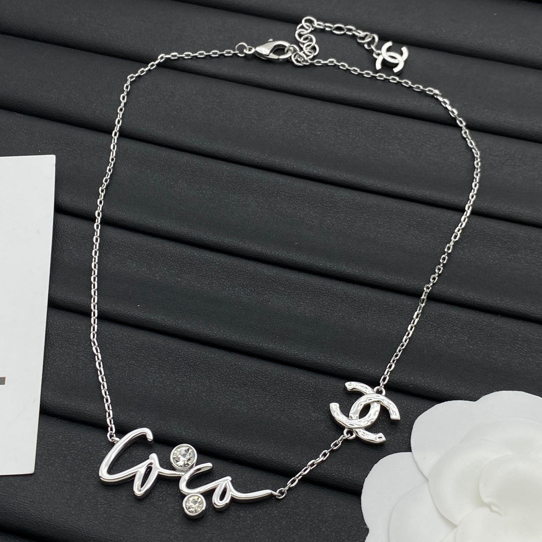 COCO Script Letter & CC Logo Double Charm Pendant Necklace – Gold & Silver