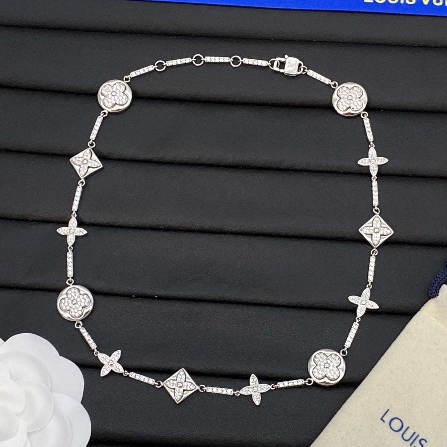 Full Pavé Multi-Shape Flower & Coin Charm Long Station Necklace