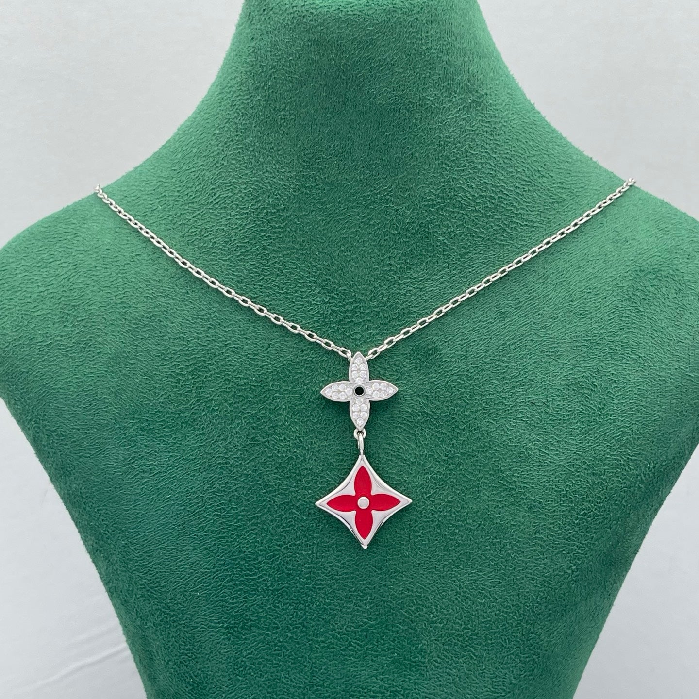 Pavé Star & Enamel Floral Double Drop Necklace