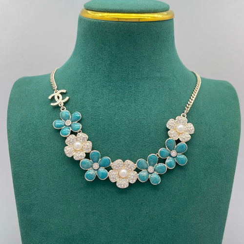 Blue Enamel & Crystal Pavé Flower Cluster Statement Necklace