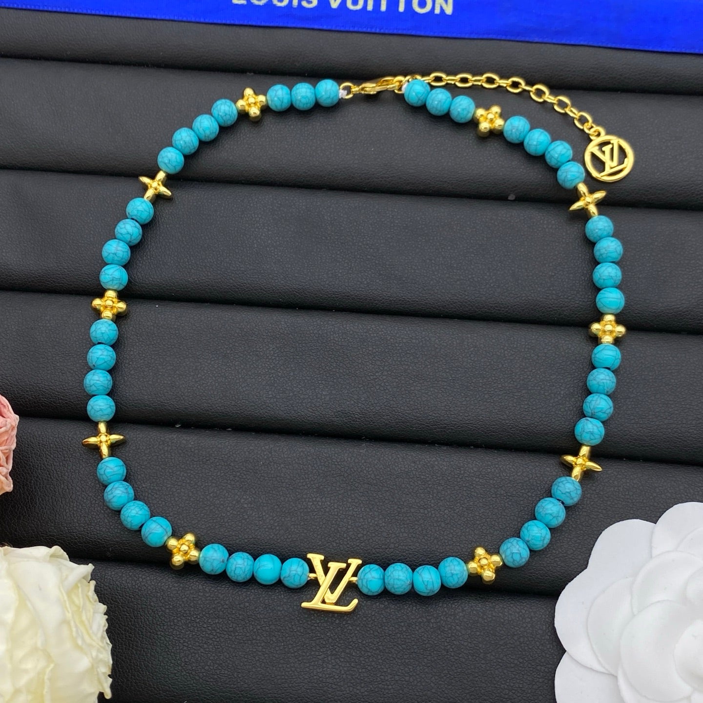 Turquoise Stone Bead & Gold Star Flower Charm Necklace & Bracelet Set