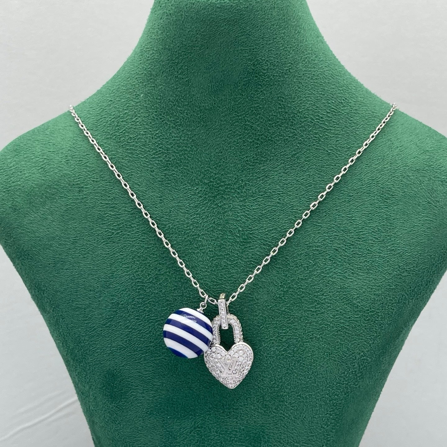Crystal Heart Lock & Striped Ceramic Bead Charm Necklace
