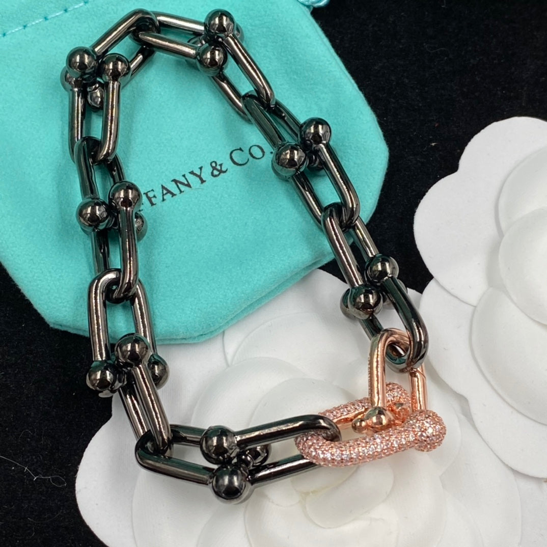 Gunmetal & Rose Gold Pavé U-Clasp Ball Stud Link Chain Jewelry Set – Necklace, Bracelet & Earrings