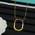 Half Pink Crystal & Polished Open Rounded Square Pendant Paperclip Chain Necklace – Gold & Silver