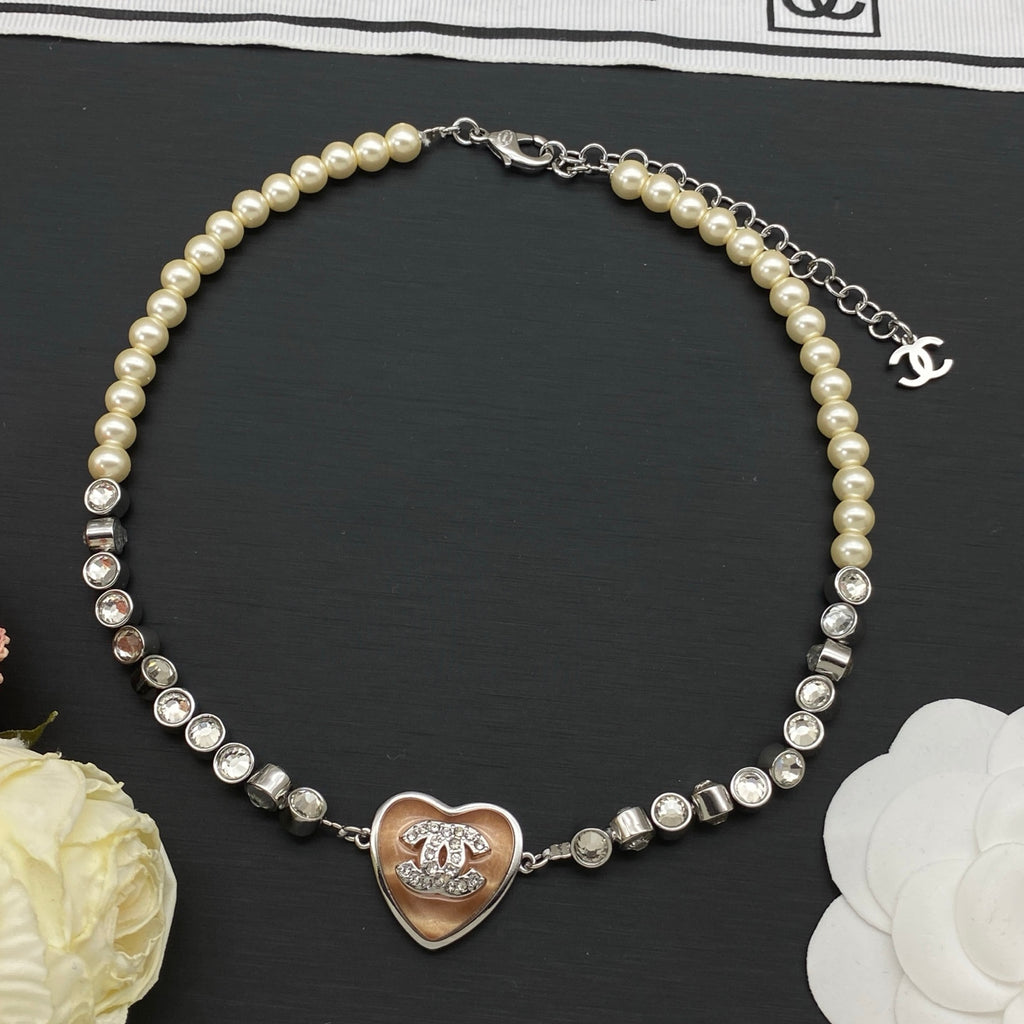 Pearl & Crystal Station Heart Pendant Necklace