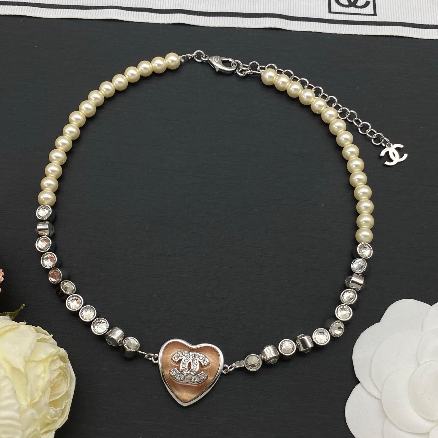 Pearl & Crystal Station Heart Pendant Necklace
