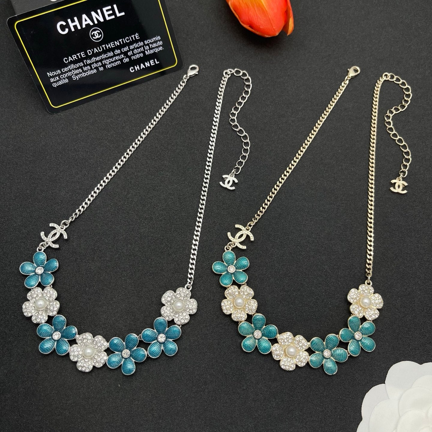 Blue Enamel & Crystal Pavé Flower Cluster Statement Necklace