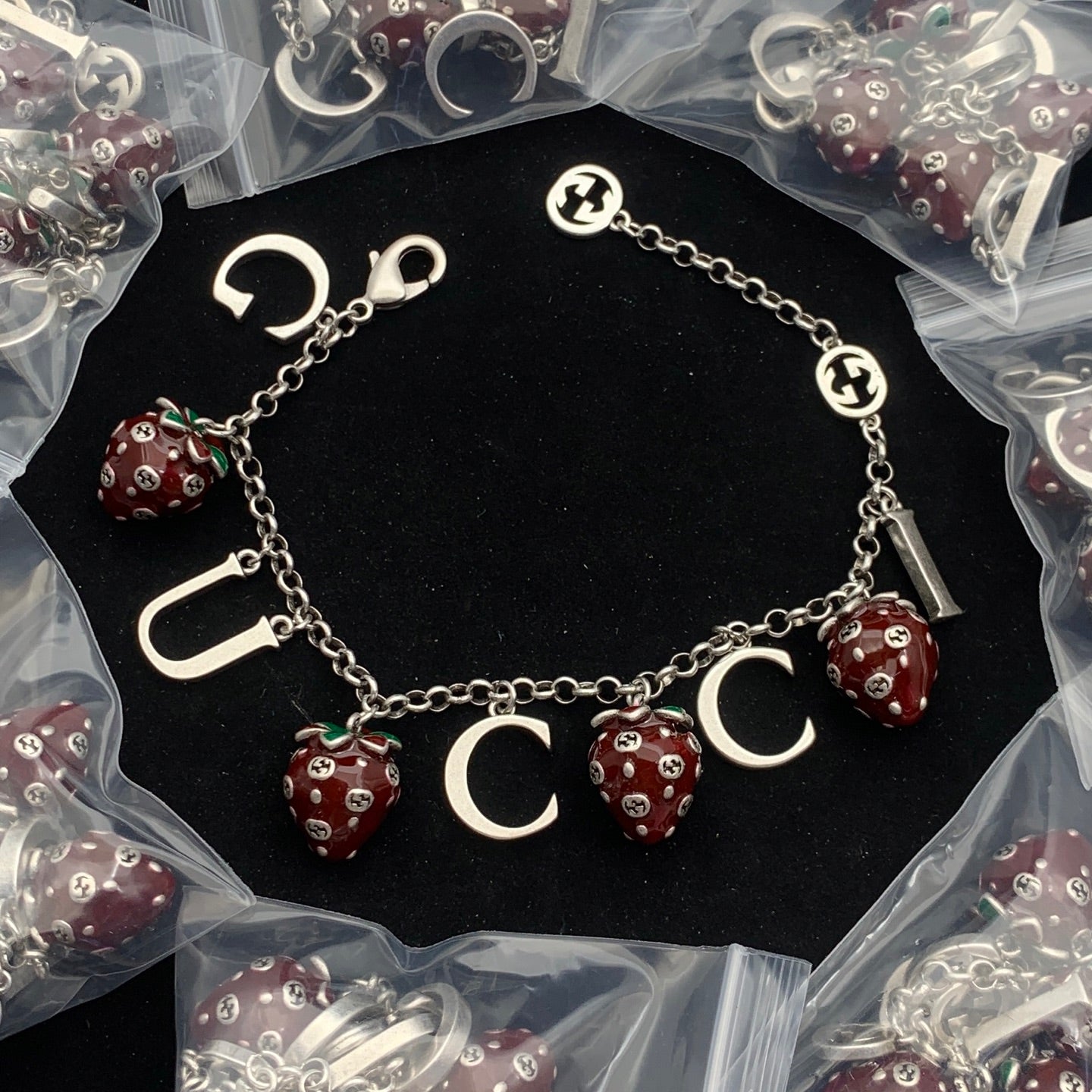 Burgundy Strawberry Jewelry Set with Silver Chain