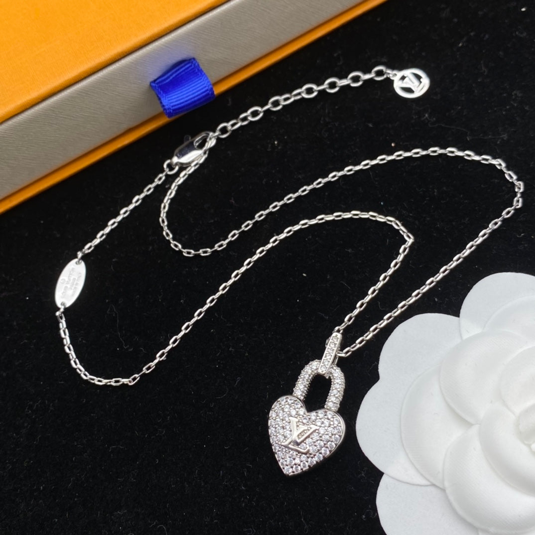 Iced Out Heart Lock Charm Necklace & Dangle Earrings