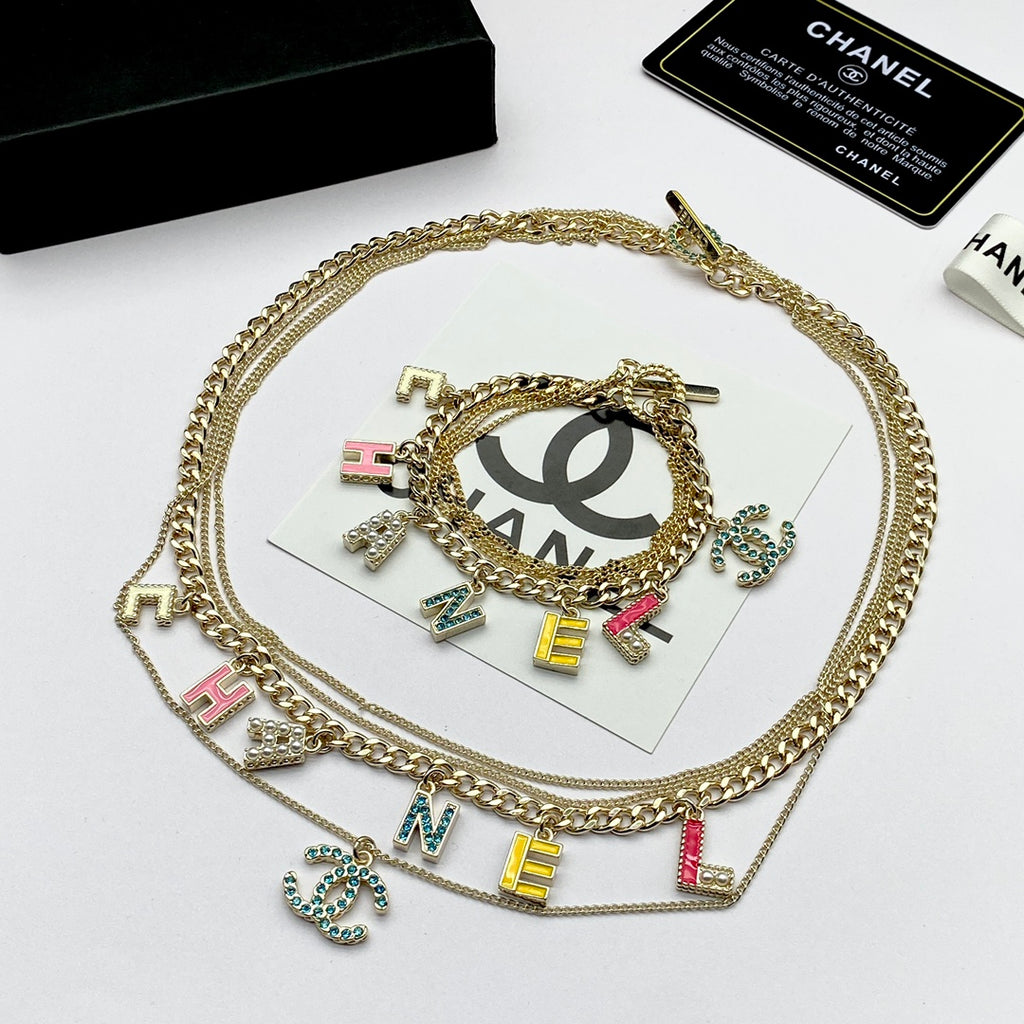 Colorful Enamel Letter Charm Layered Chain Jewelry Set