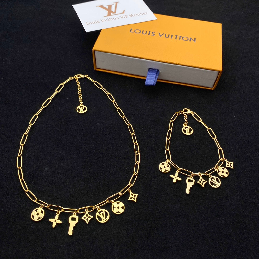 Mixed Monogram Multi-Charm Paperclip Chain Set
