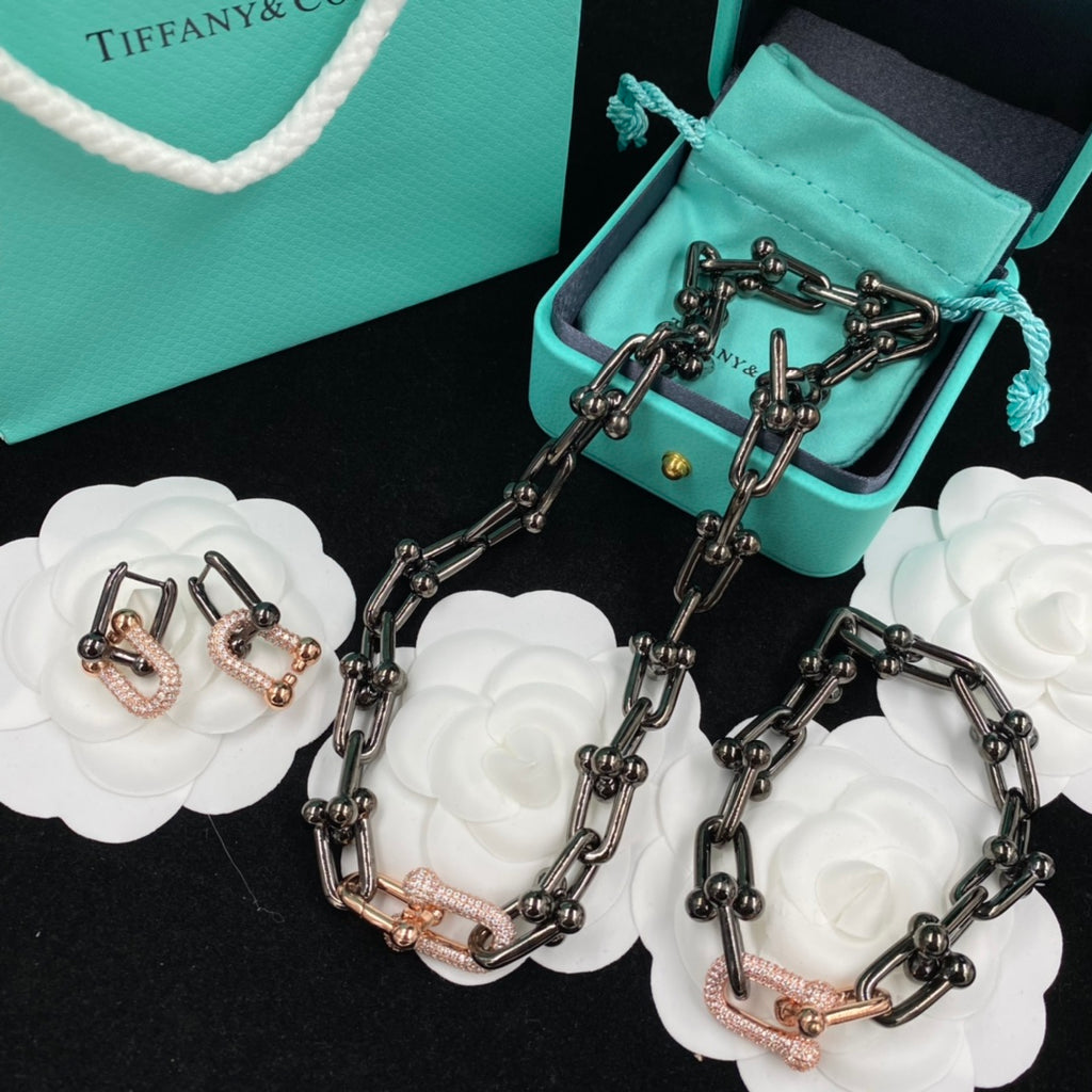 Gunmetal & Rose Gold Pavé U-Clasp Ball Stud Link Chain Jewelry Set – Necklace, Bracelet & Earrings