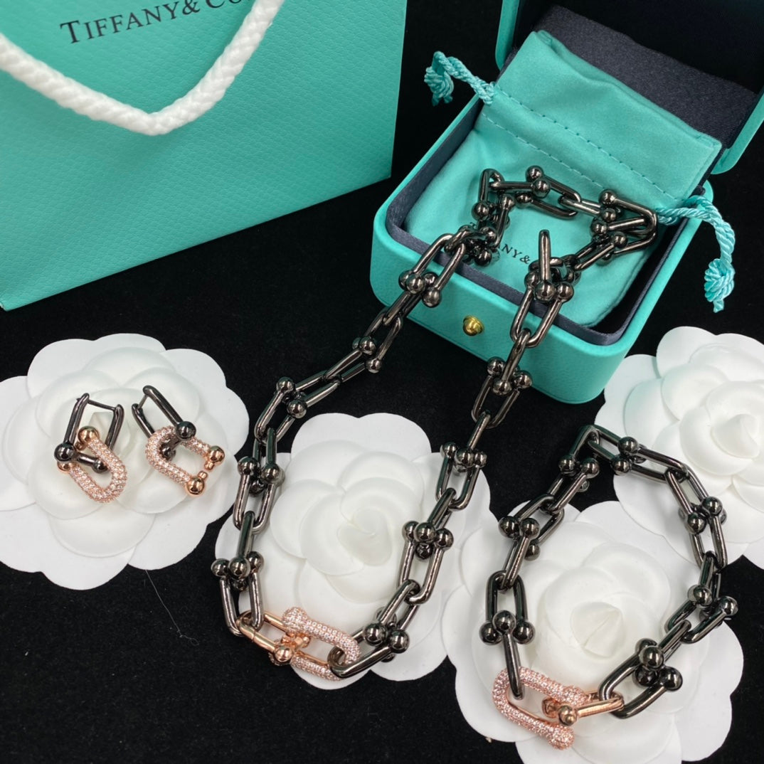 Gunmetal & Rose Gold Pavé U-Clasp Ball Stud Link Chain Jewelry Set – Necklace, Bracelet & Earrings