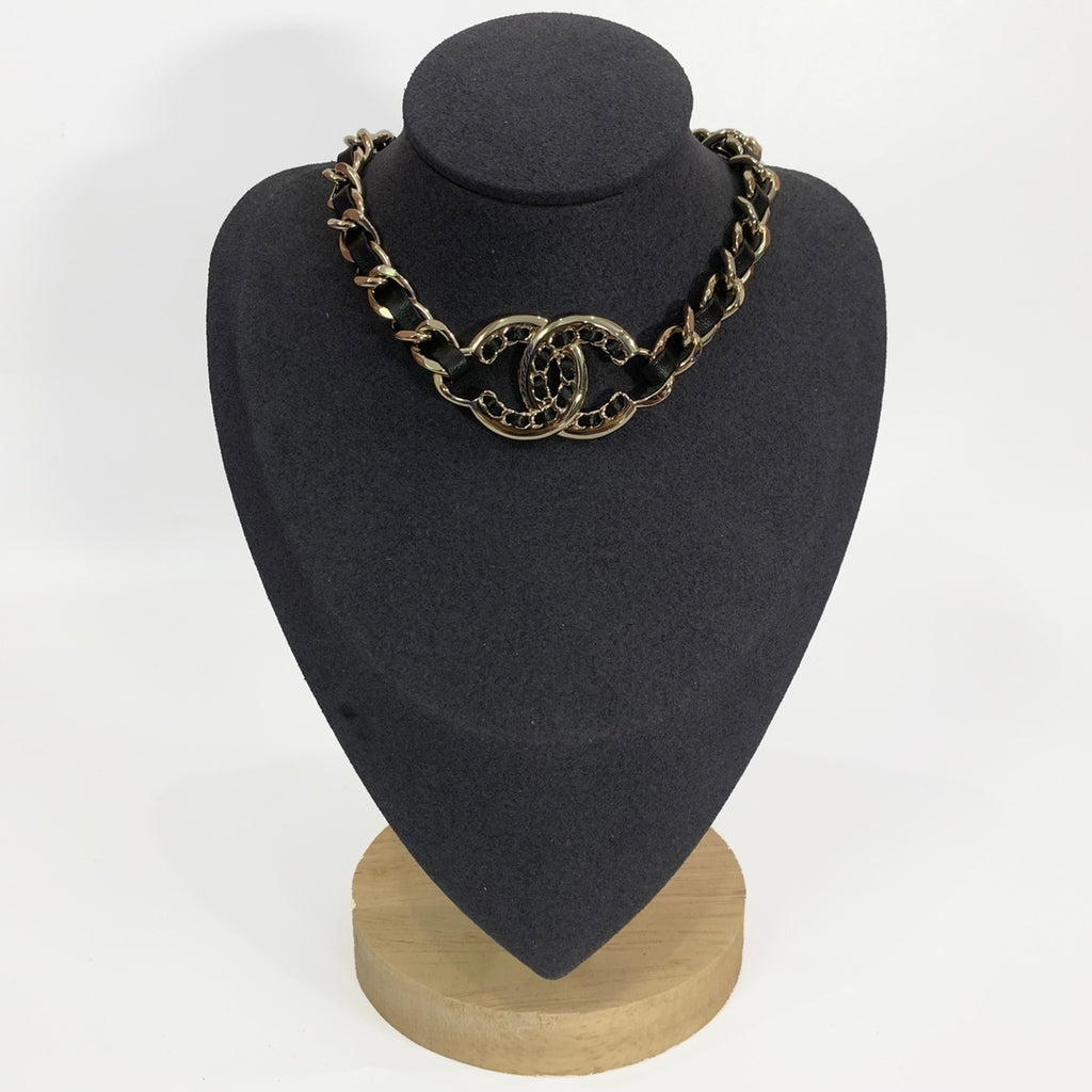 Black Leather Woven Gold Chain Necklace & Bracelet Set
