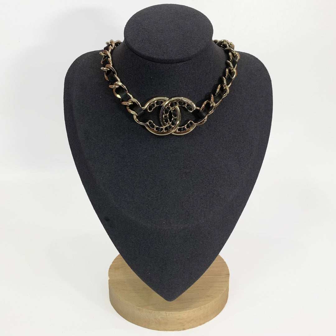 Black Leather Woven Gold Chain Necklace & Bracelet Set