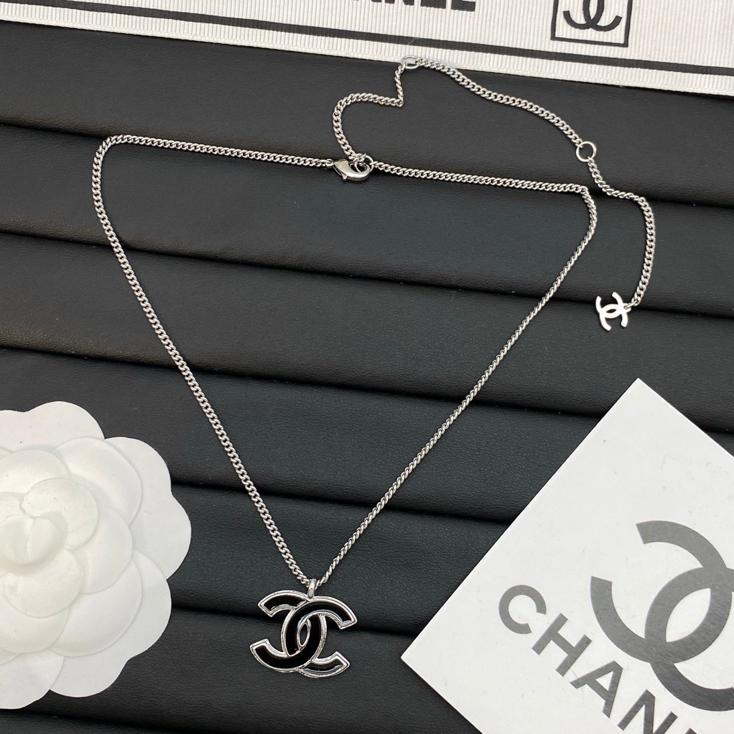 legant Intertwined Initial Pendant Necklace – Silver Chain, Black & Pink Enamel