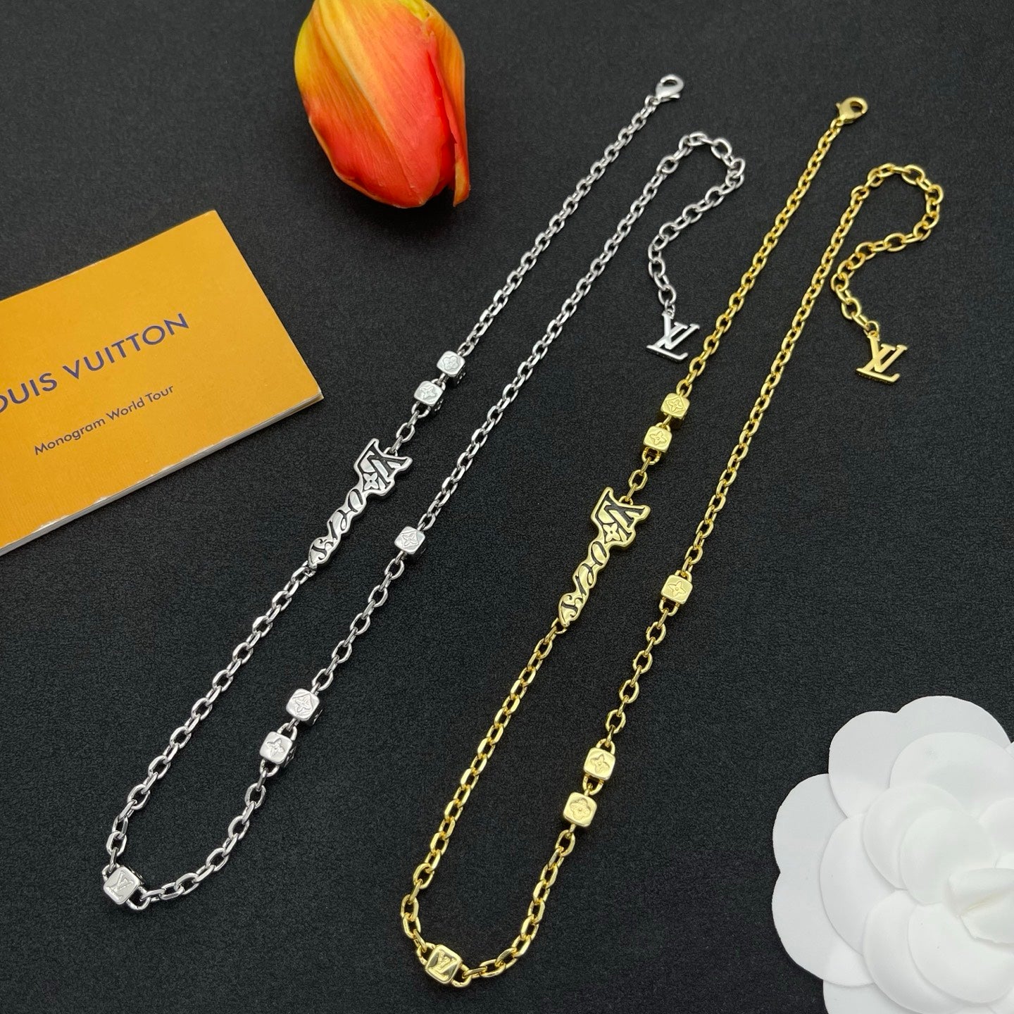 Chunky Link Chain Necklace with Square Bead & Script Charm