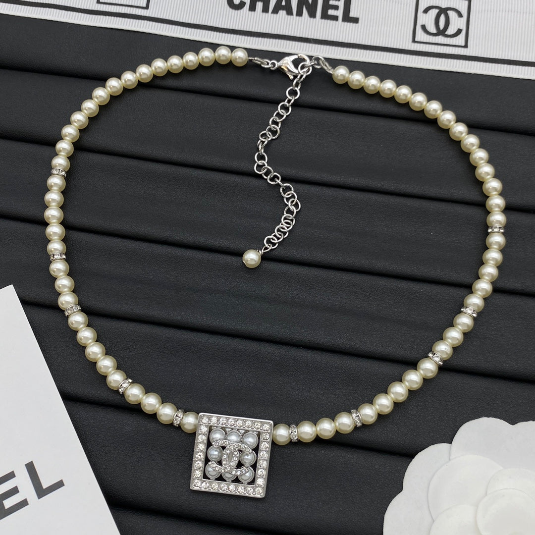 Pearl Strand CC Pavé Square Pendant Necklace – Gold & Silver