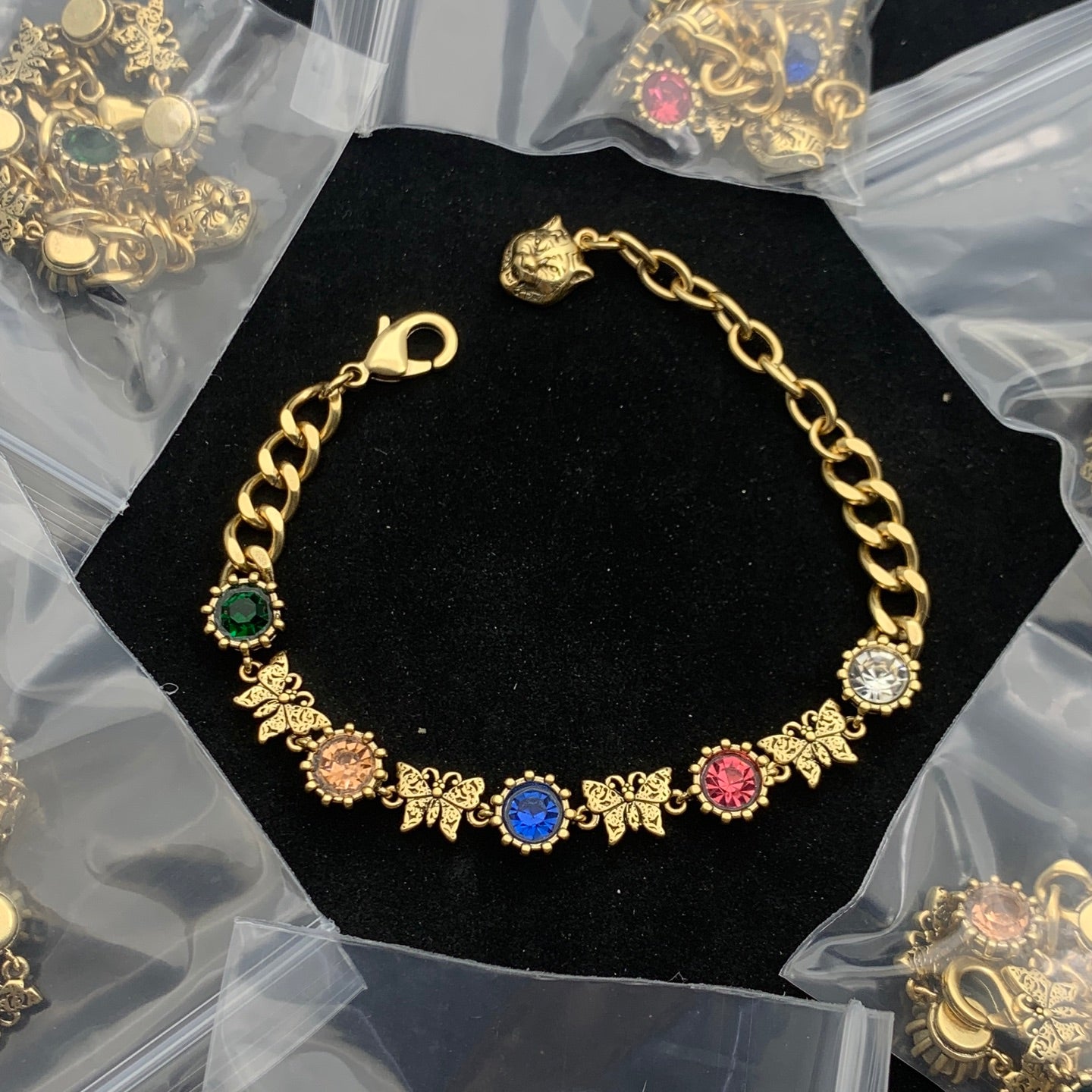 Vintage Gold Rainbow Gemstone Butterfly Cuban Chain Jewelry Set