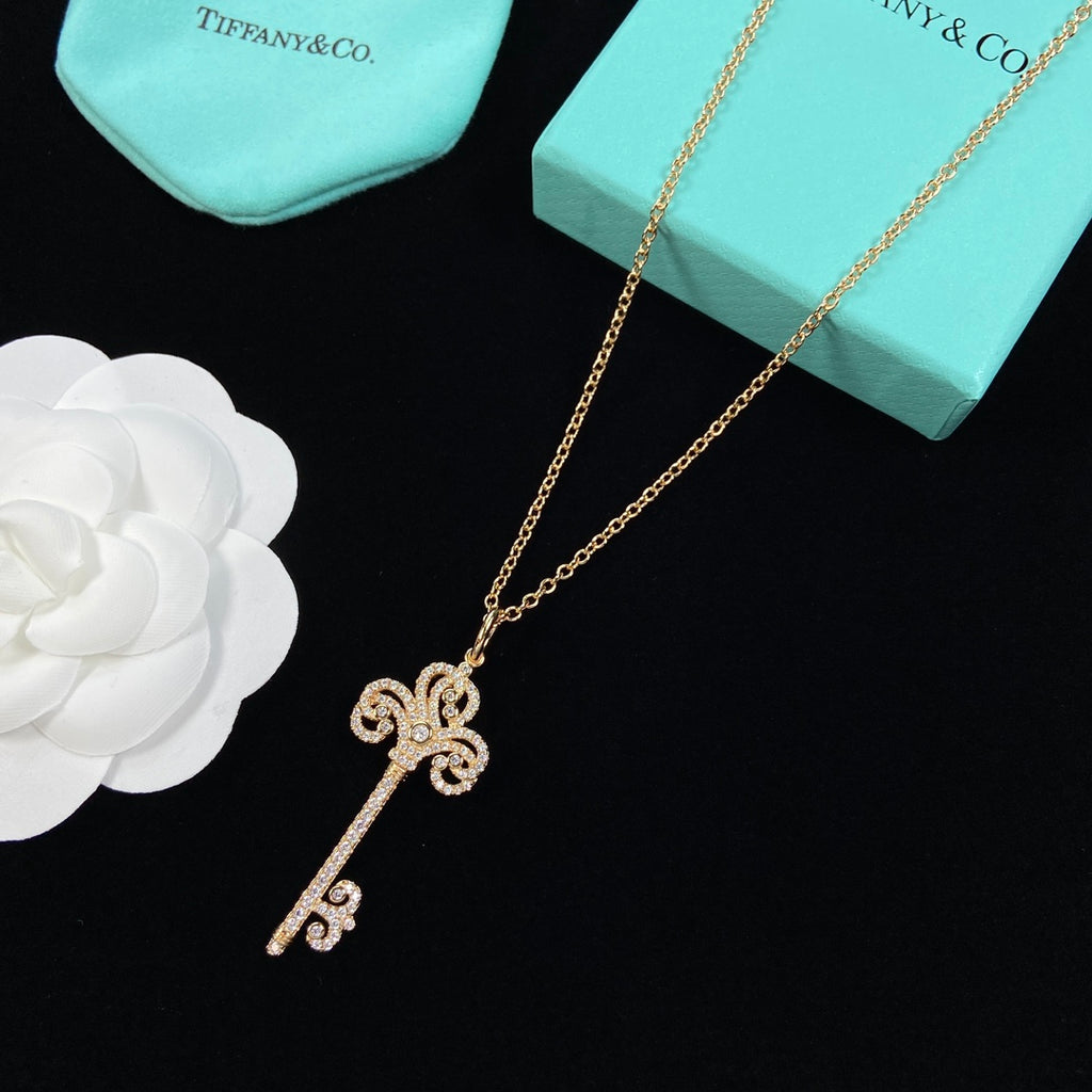 Pavé Crystal Baroque Scroll Floral Key Pendant Necklace – Gold, Silver & Rose Gold