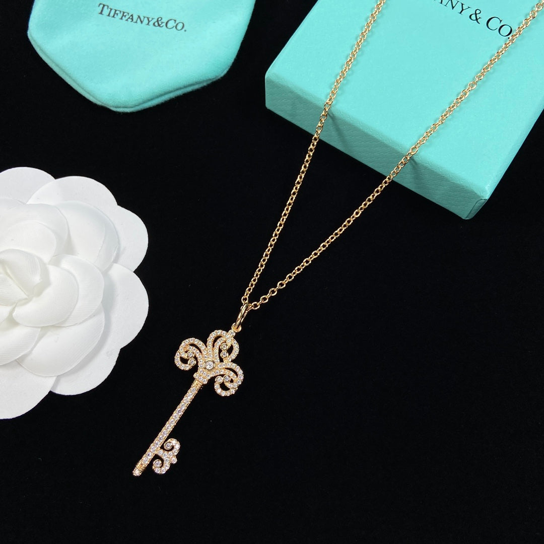 Pavé Crystal Baroque Scroll Floral Key Pendant Necklace – Gold, Silver & Rose Gold