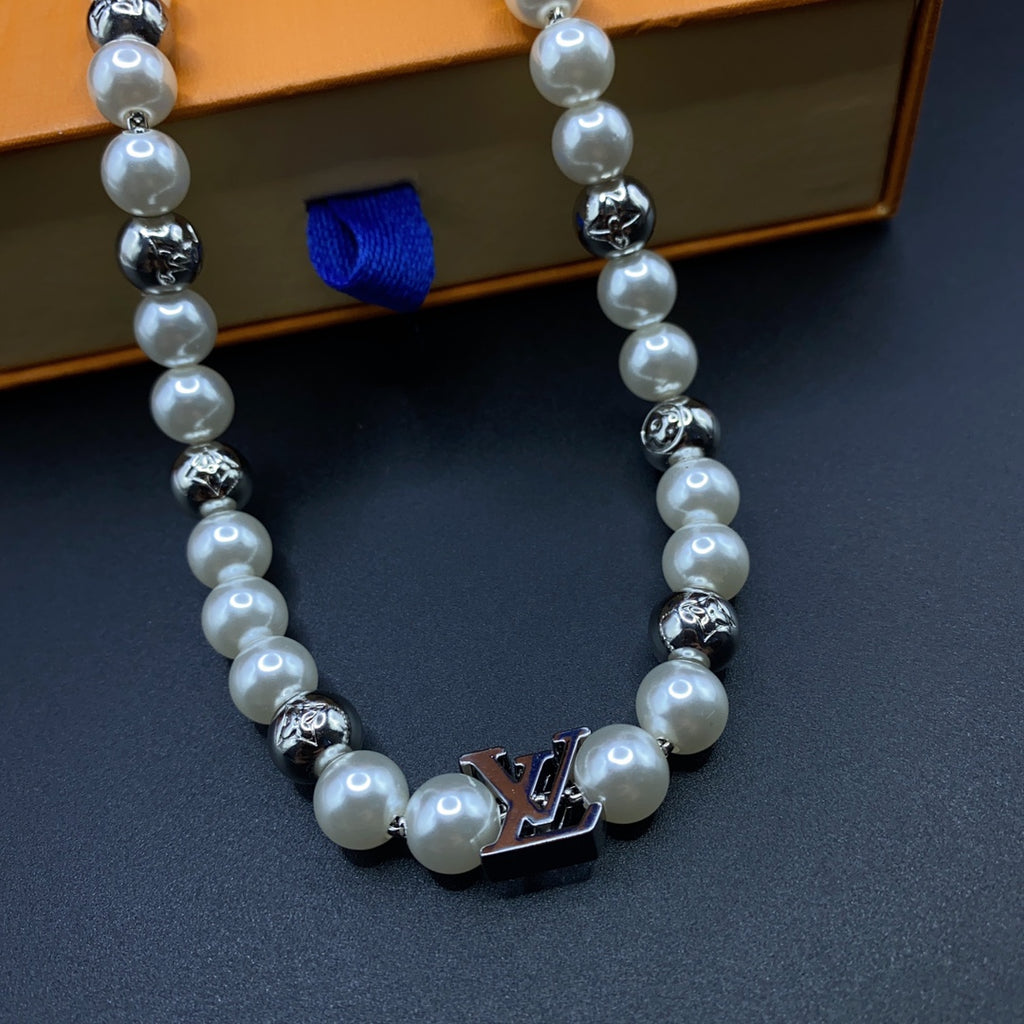 Pearl & Silver Bead Monogram Necklace & Bracelet Set